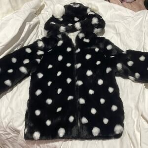 Members Mark 6 black white polka dot hooded bear ear faux fur coat like new euc